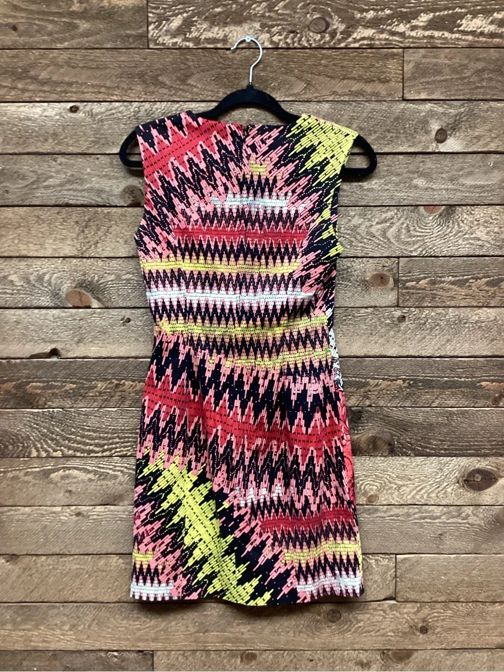 French Connection Coral, Black & Yellow Floral Zigzag Mini Dress - Picture 3 of 4